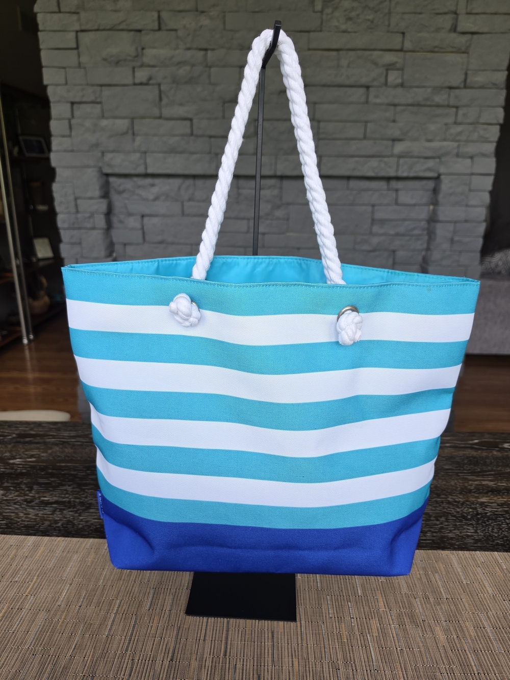 Clinique Striped Turquoise & White Rope Handle Beach Tote